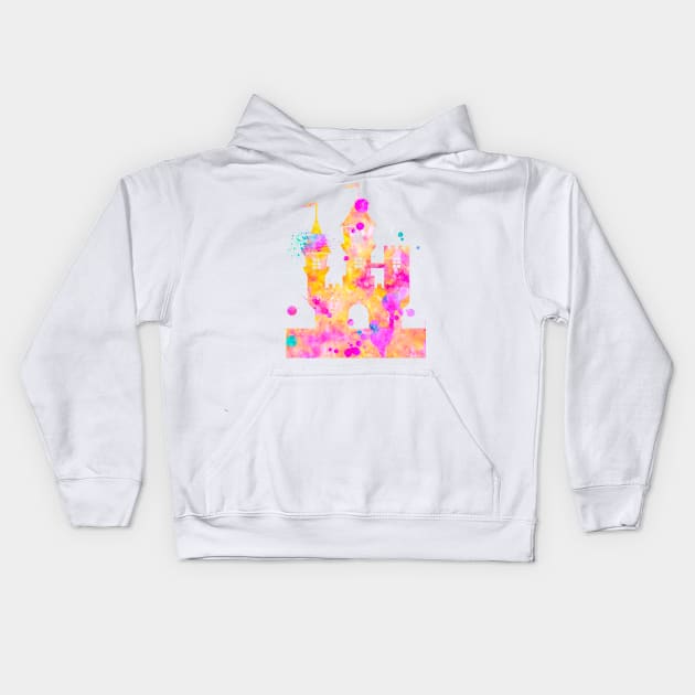 Princess Castle Watercolor Painting Pink Yellow Orange Kids Hoodie by Miao Miao Design